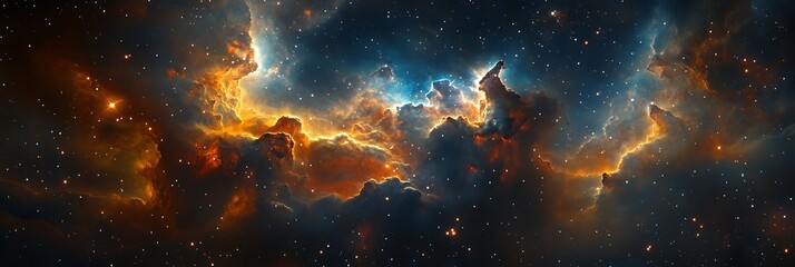 Wall Mural - Cinematic view of deep space clouds with sparkling clusters and colorful ionized gases.