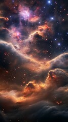 Wall Mural - Cinematic view of deep space clouds with sparkling clusters and colorful ionized gases.