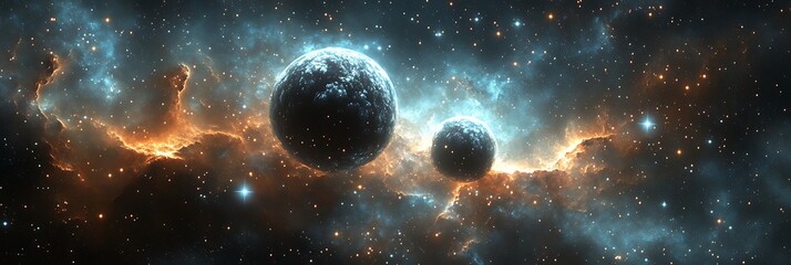 Wall Mural - Dark bok globules in front of vibrant galactic clouds, scattered with radiant particles and luminous edges.