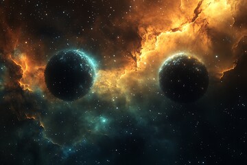 Wall Mural - Dark bok globules in front of vibrant galactic clouds, scattered with radiant particles and luminous edges.
