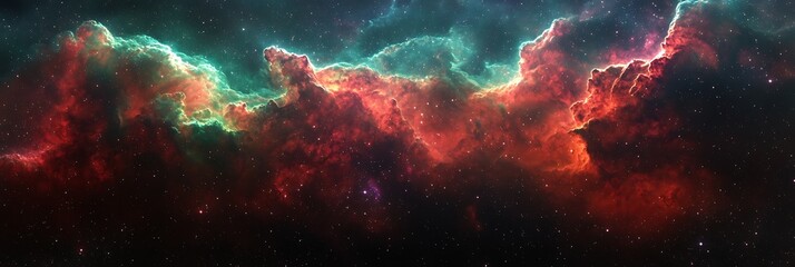 Wall Mural - Expansive interstellar cloud formations in bright reds, greens, and violets, drifting in space.