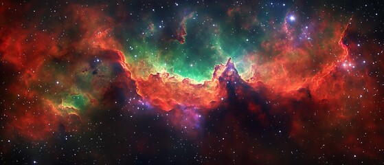 Wall Mural - Expansive interstellar cloud formations in bright reds, greens, and violets, drifting in space.