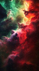Wall Mural - Expansive interstellar cloud formations in bright reds, greens, and violets, drifting in space.