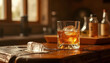 © Vera - Rum glass with ice cubes, ice mold on marble surface, stylish interior.
