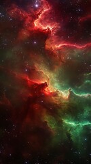 Wall Mural - Expansive interstellar cloud formations in bright reds, greens, and violets, drifting in space.