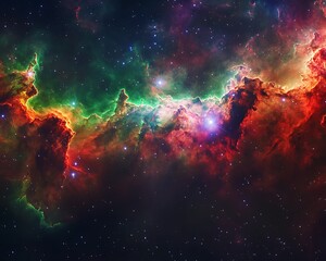Wall Mural - Expansive interstellar cloud formations in bright reds, greens, and violets, drifting in space.