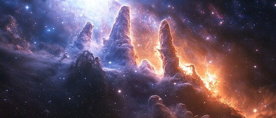 Wall Mural - Pillars of gas and dust rising in a galactic setting, surrounded by radiant star glows.