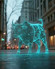 Poster - Digital Bull Charging on Urban Street Low Angle Shot Symbolizing Market Growth Innovation Technology Future Finance