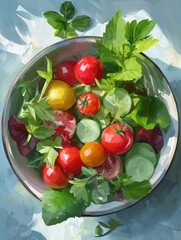 Aufkleber - Fresh Salad Bowl Still Life with Tomatoes Cucumbers and Greens Artistic Impression from Above