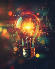 Fototapete - Glowing Light Bulb with Financial Chart Overlay Concept of Innovation and Investment Strategy Close Up Studio Shot