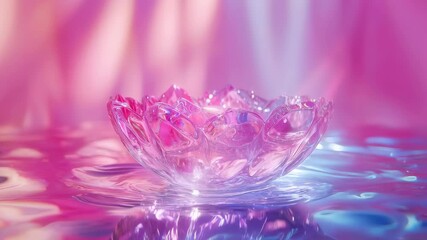 Wall Mural - A delicate glass bowl resting on shimmering water with a colorful, ethereal background.