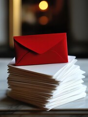 Poster - Stack of White Paper with Red Envelope on Top Close Up Stationary Invitation Mailing Correspondence