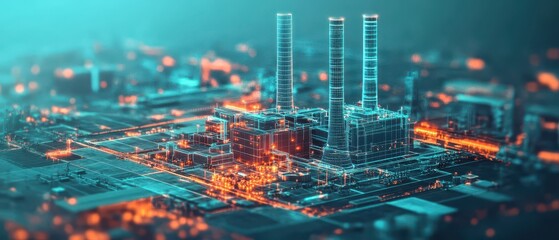 Aufkleber - Digital Wireframe of Industrial Plant Structure with Chimneys and Grid Layout in Teal and Orange Futuristic Style
