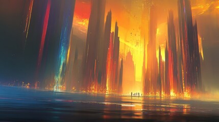Poster - Abstract Cityscape Painting of Future Metropolis with People on Shore at Sunset Digital Art