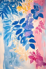 Poster - Abstract Floral Painting of Tropical Leaves in Blues Pinks and Yellows Artistic Interpretation