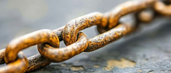 Poster - Macro Shot of Rusty Metal Chain Links on Concrete Surface Showing Corrosion and Decay Industrial Detail Close Up