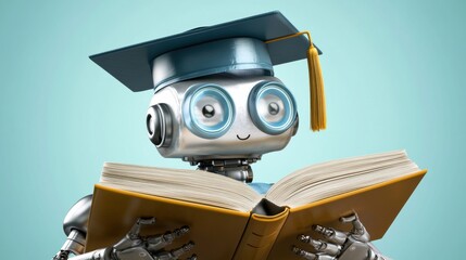 Poster - Robot student reading book wearing graduation cap close up on light blue background knowledge and learning concept