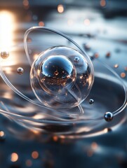 Fototapete - Abstract atom model close up shot with glass spheres and metal balls on blurred background concept of science and technology