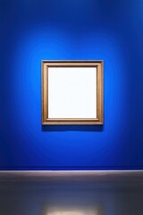 Fototapete - Empty ornate picture frame on blue wall in art gallery museum setting eye level shot