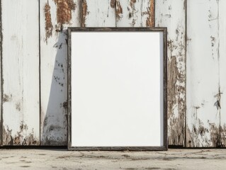 Poster - Blank frame mockup stands against weathered white wooden wall in rustic style presentation template