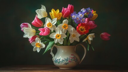 Poster - Colorful Spring Flowers in Vase Still Life Arrangement on Wooden Table Dark Background Studio Shot