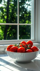 Poster - Fresh red tomatoes in white bowl near window with green tree background, bright sunny kitchen, eye level view