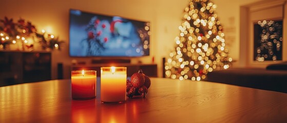 Aufkleber - Cozy Christmas Eve Scene with Candles and Tree Lights in Living Room at Night Warm Holiday Atmosphere