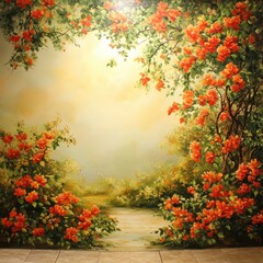 Poster - Orange Bougainvillea Flowers Painting on Wall with Path and Sunlight, Artistic Floral Background, Botanical Garden, Impressionistic Style