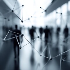 Leinwandbilder - Abstract network connection with blurred crowd walking in modern building interior, conceptual visualization of data science, global communication, futuristic technology