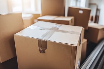 Aufkleber - Stacked cardboard boxes ready for shipping in bright room; eye-level shot showcasing relocation and delivery service