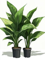 Aufkleber - Two potted bird of paradise plants on white background studio shot showcasing vibrant green leaves and modern black pots