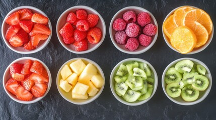 Poster - Overhead Still Life of Fresh Fruit Bowls on Slate Background: Strawberries Raspberries Oranges Kiwi Pineapple