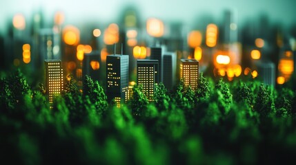 Poster - Miniature Cityscape at Night, Buildings Emerging from Greenery, Low Angle, Dreamlike, Urban Ecology Concept