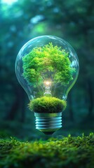 Aufkleber - Lightbulb with Tree Inside Floating Above Mossy Ground in Forest Concept for Green Energy and Environmental Conservation