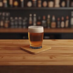 Aufkleber - Refreshing pint of beer on wooden bar top with blurred background of bottles and glasses in a pub setting