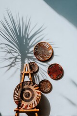 Poster - Woven Baskets Displayed on a Small Easel with Palm Tree Shadow on a Wall in a Modern Minimalist Style