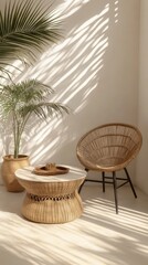 Aufkleber - Wicker Furniture in Sunlit Room with Palm Shadows Still Life Interior Design Minimalist Aesthetic