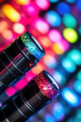 Poster - Close-up of two glittery black metal containers with colorful bokeh background at eye level in studio