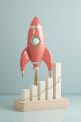 Poster - Pink Rocket Launching from Rising Bar Graph on Light Blue Background Studio Shot Business Concept