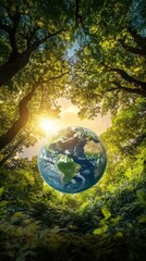 Poster - Earth globe floating above lush forest canopy, sun shining through trees, low angle view, environmental concept