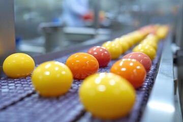 Poster - Colorful Candy Spheres on Conveyor Belt in Food Factory Production Line Close Up Manufacturing Process