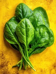 Aufkleber - Fresh spinach leaves on yellow textured background overhead shot healthy eating ingredient vibrant color