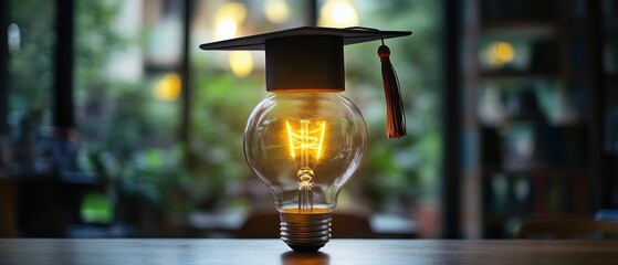 Poster - Lightbulb with Graduation Cap on Table Symbolizing Education and New Ideas in a Bright Room Close Up