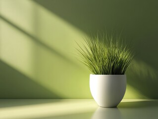 Poster - Green grass in white pot on green background with light shadow studio shot still life minimalist style