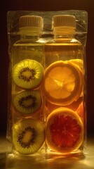 Aufkleber - Two bottles of infused fruit water with kiwi orange and grapefruit backlit still life studio shot