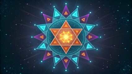 Aufkleber - A geometric star design with triangles and circles on a dark background with light streaks and dots