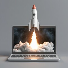Poster - Rocket Launching from Laptop Screen Technology Startup Success Concept Digital Illustration
