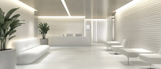 Fototapete - Bright modern lobby interior design featuring white furniture plants and textured walls in minimalist style