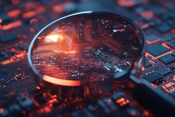 Fototapete - Magnifying Glass Inspecting Illuminated Circuit Board Close Up Abstract Technology Concept Futuristic Design