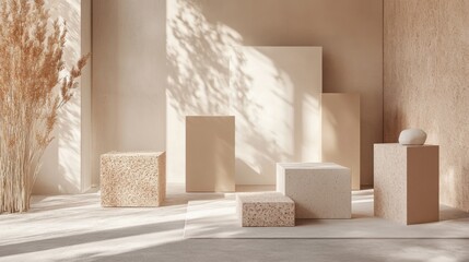 Aufkleber - Beige Minimalist Product Display with Blocks and Pampas Grass in Studio Setting with Sunlight and Shadows
